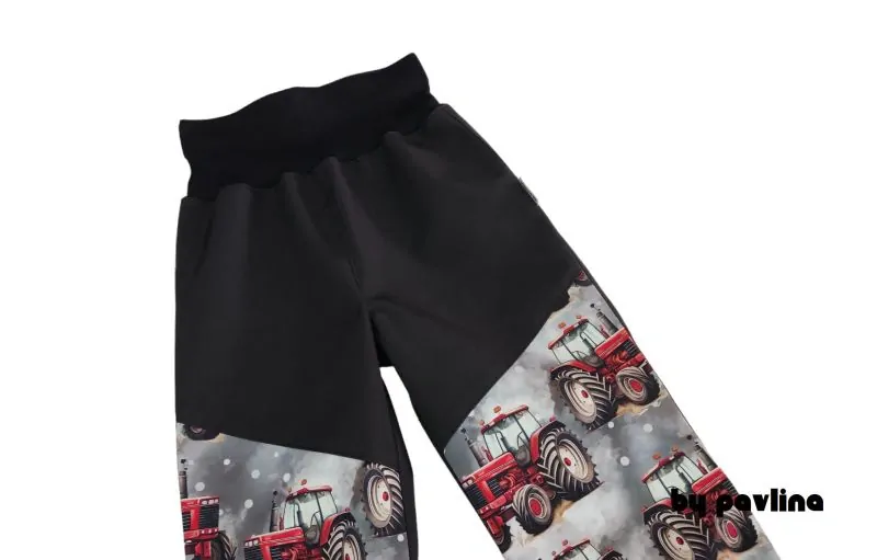 Chlapecké jarní - podzimní rostoucí softshellové kalhoty - Černé + Červené traktory