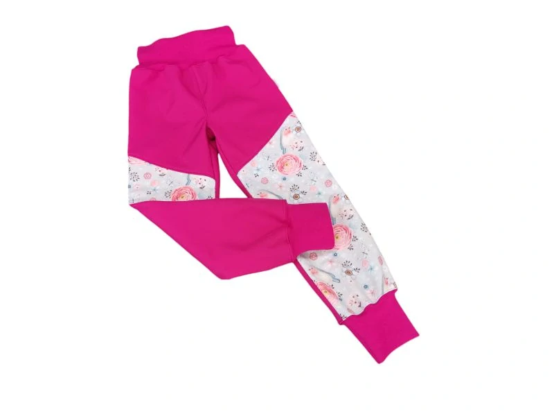 Dívčí zimní rostoucí softshellové kalhoty  - Ptáčci na šedé s malinou