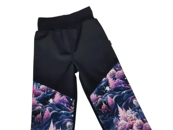 Dívčí zimní rostoucí softshellové kalhoty  - Černé + Růžový les