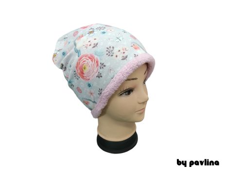 Dívčí zimní oboustranná klasická čepice - Ptáčci na šedé 2