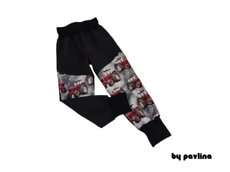 Chlapecké jarní - podzimní rostoucí softshellové kalhoty - Černé + Červené traktory