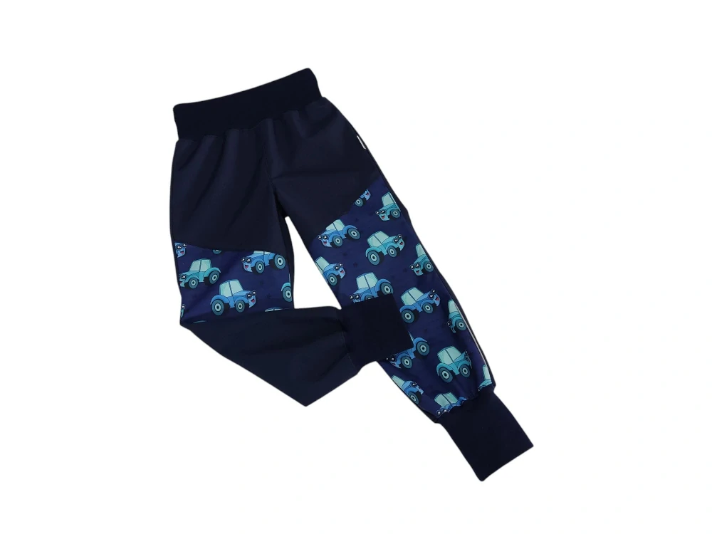 Chlapecké jarní - podzimní rostoucí softshellové kalhoty - Tm. modré + Traktůrci