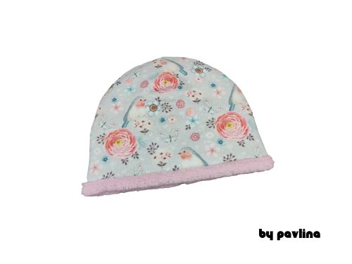 Dívčí zimní oboustranná klasická čepice - Ptáčci na šedé 2