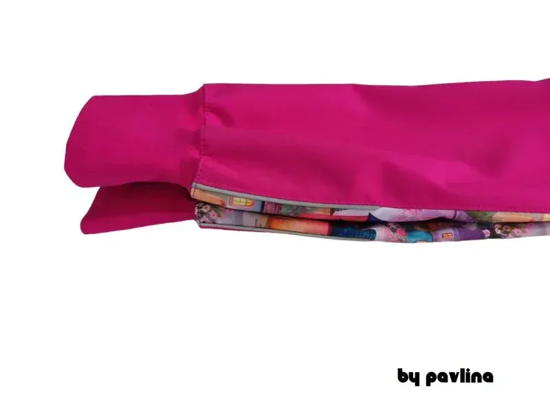 Dívčí jarní - podzimní rostoucí softshellové kalhoty - Malina + Růžové domečky