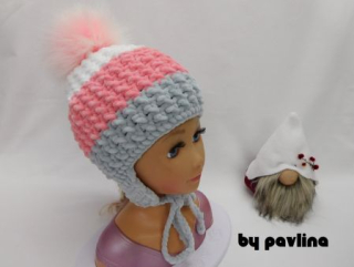 Dívčí háčkovaná ušanka s bambulí - SV.Š.+R.+B.